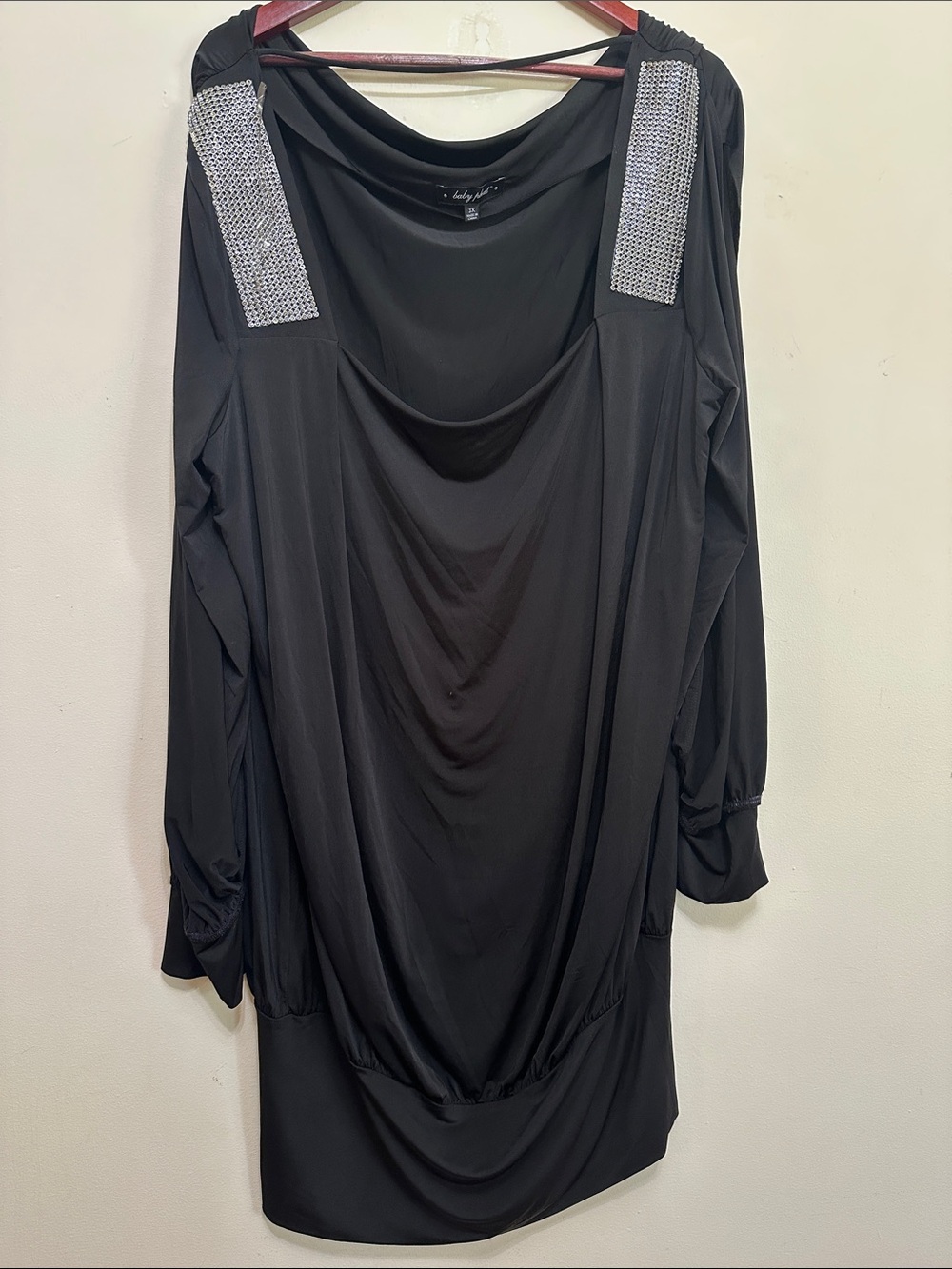Black Drape-Front Long Sleeve Dress with Embellished Shoulders